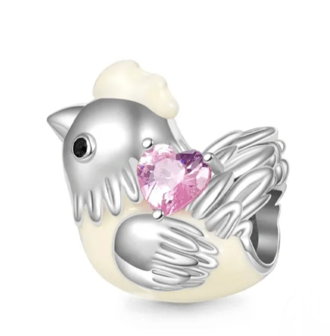 Charm gallina blanca con cristal rosa de plata s925