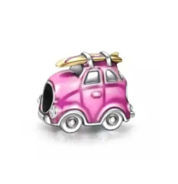 Charm auto rosa con tabla de surf de plata s925