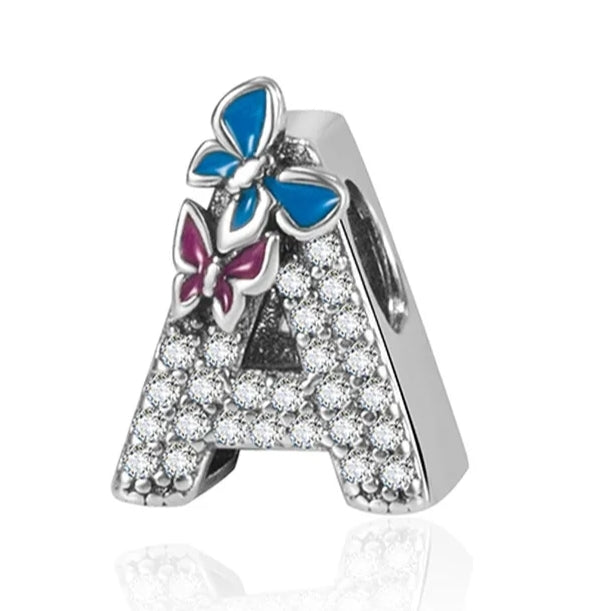 Charm Letra brillante con mariposas de plata s925