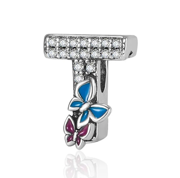 Charm Letra brillante con mariposas de plata s925