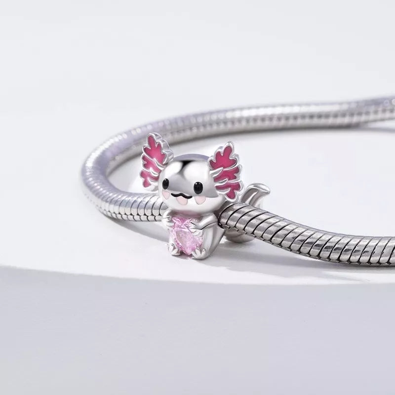 Charm ajolote corazón rosa de plata s925