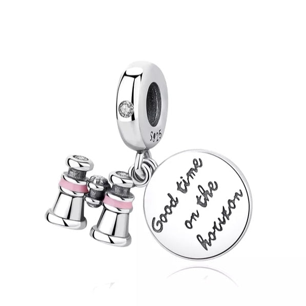 Charm de binoculares con detalle en rosa de plata s925 - Mundo Charm