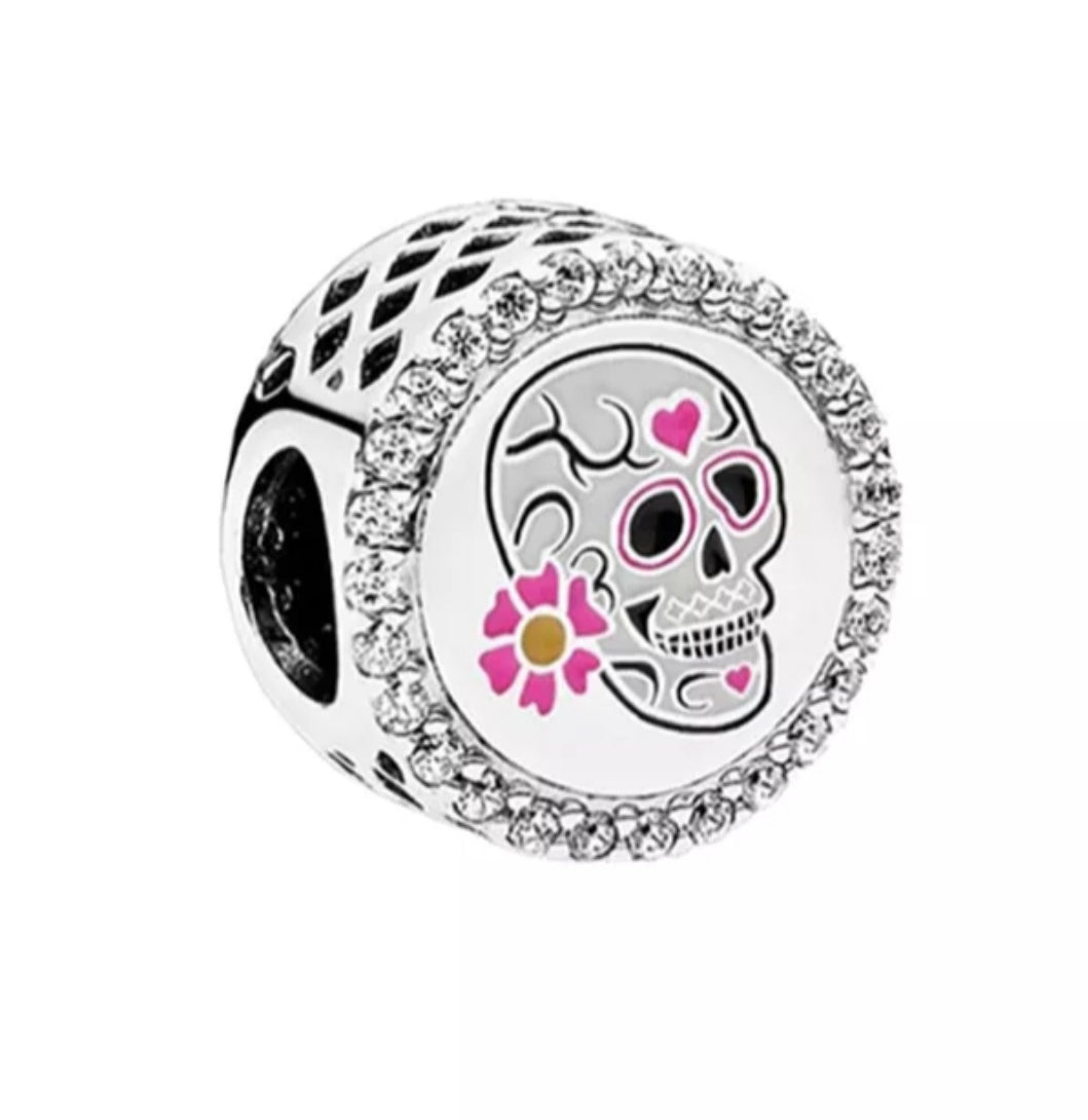 Charm Catrina blanca de flor rosa de plata s925