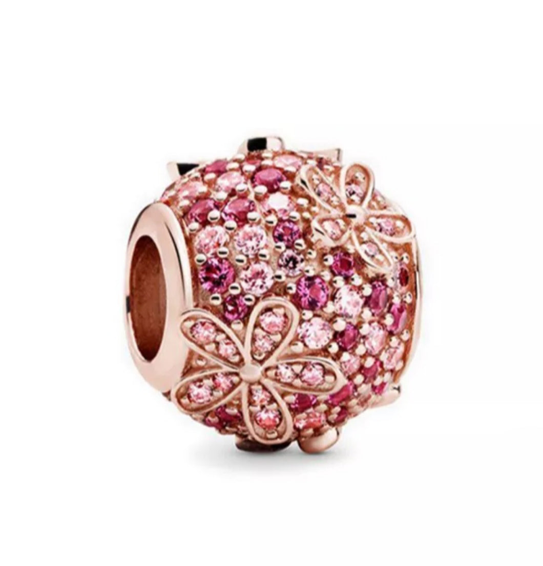 Charm esfera flor rosa con brillantes rose gold de plata s925